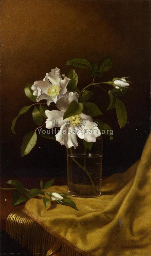 Cherokee Roses in a Glass on Gold Velvet Plush - 马丁·约翰逊·赫德